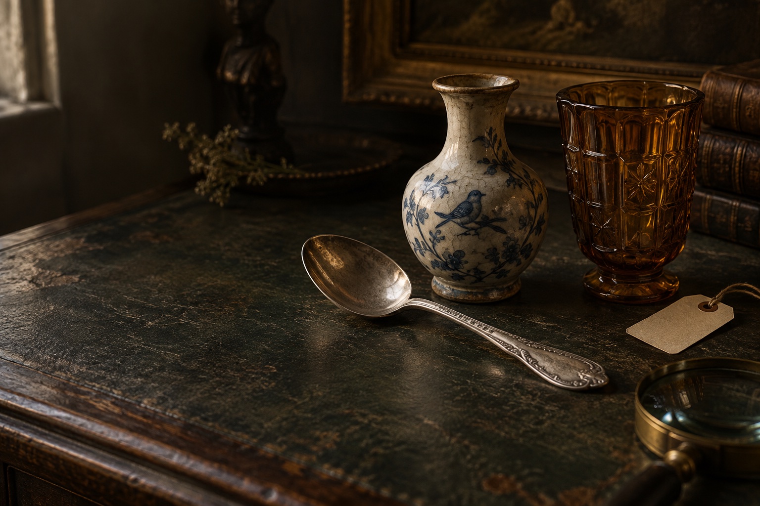 Vintage ceramic vase, silver spoon, and amber glass on an antique dealer's desk
